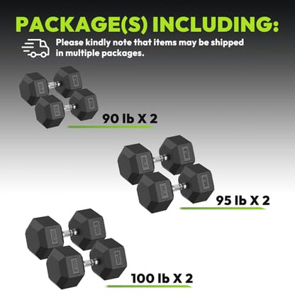 HANDBODE Hex Dumbbell 30-570 lb Dumbbell set, Rubber Encased Exercise & Fitness Dumbbells, Hand Weight for Strength Training - size: 570 lb Set (Pair of 90, 95, 100 lb), style: Chrome Handle