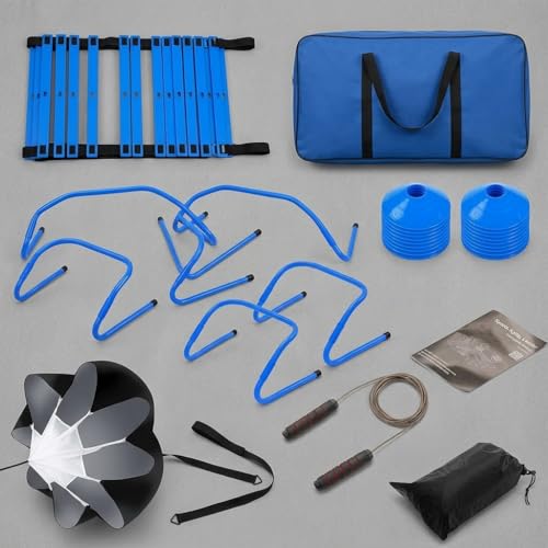 Agility Ladder Training Set - Blue Speed & Footwork Training Equipment with Resistance Parachute, Hurdles, Cones, Jump Rope and Carrying Bag for Sports, Fitness and Soccer Training
