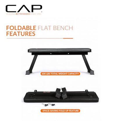 CAP Barbell Foldable Flat Weight Bench | Folding Workout Bench with Steel Frame, Thick Box-Stitched Padding & 600 LB Capacity | Compact Home Gym Strength Training Bench