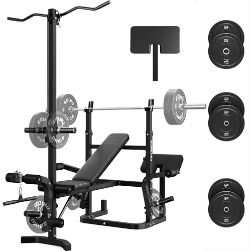 Z3 900LBS Olympic Weight Bench Set with Leg Extension, 9 in 1 Workout Press with Preacher Curl Pad and LAT Pulldown, Strength Training Bench for Home Gym - color: Bench and 120lbs Plates