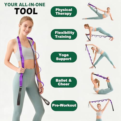 Stretching Strap with Loops,Non-Elastic Yoga Strap for Physical Therapy,Knee Replacement Recovery & Plantar Fasciitis,Leg Stretcher Band for Flexibility & Hamstring Rehab