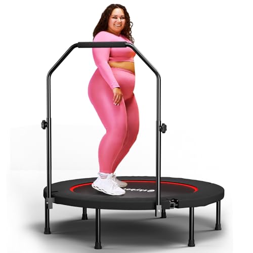 SkyBound Foldable Mini Trampoline - Fitness Rebounder with Quiet Bungees, U-Shape Adjustable Foam Handle, Stable Indoor Exercise Trampoline for Adults