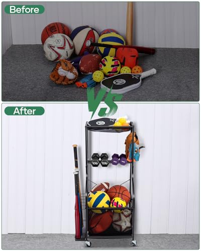 EXTCCT Garage Sports Equipment Organizer, Rolling Ball Storage Cart - color: Black - Small