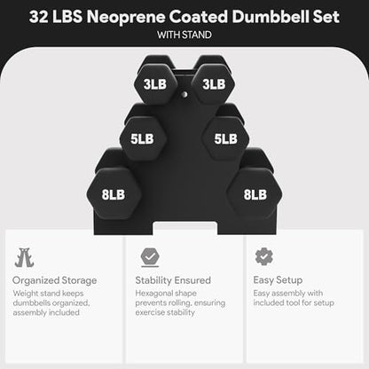 BalanceFrom Neoprene Coated Iron Dumbbell Hex Weights Set with Stand – Color-Coded or Black Options with Non-Slip Grip for Strength Training, Resistance Workouts, and Home Gym Fitness - style: 32lb Set