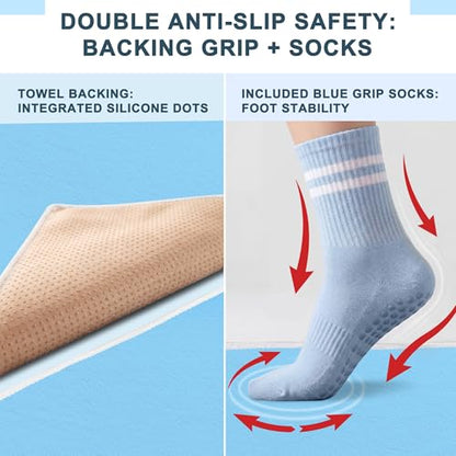 2 Pack Yoga Mat Towels with Bonus Grip Socks, Sky Blue + Rose Pink | Elegant Embroidered, 1-Second Sweat Absorption & Non-Slip | Machine Washable Microfiber | Hot Yoga, Pilates | 73''*27.6''