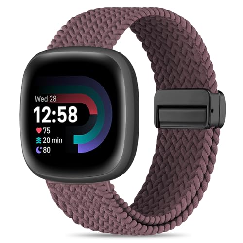 Magnetic Braided Compatible with Fitbit Versa 4 Bands for Women/Versa 3/Sense/Sense 2 Bands, Soft Stretchy Sport Strap Woven Loop Elastic Nylon Wristbands Men