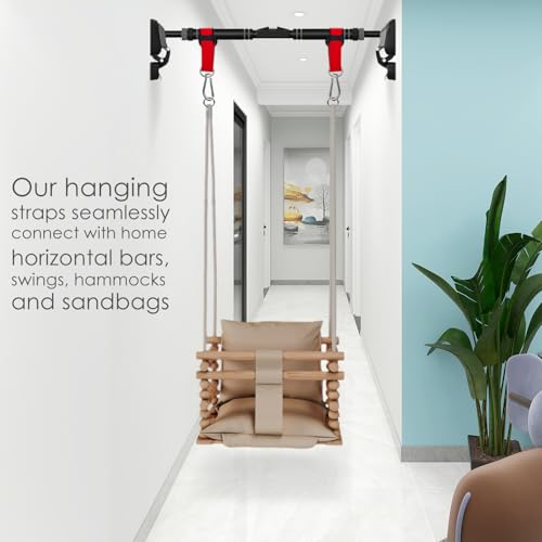 Hanging Straps Kit for Gymnastic Rings (2-Pack), Pull-Up Bar & Tree Swings, Gym & Travel–Anti-Slip Sling Saver Sleeves + Anti-Slip Locking Carabiners (Black)