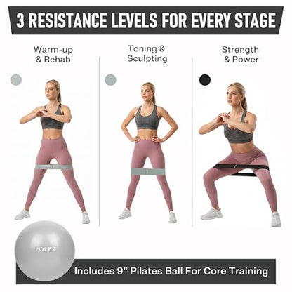 Poler Booty Resistance Bands Set for Women – 3 Fabric Bands (Light, Medium, Heavy) + Pilates Ball – Non-Slip Glute & Leg Workout Kit for Home Fitness, Yoga & Strength Training