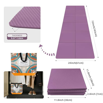 Foldable Yoga Mat 72" L x 24" W x 0.24 Inch，Travel Yoga Mat with Stretch Strap, Non-Slip Folding Yoga Mats for Home/Gym，Pilates Mat/Non Slip Yoga Mat for Fitness