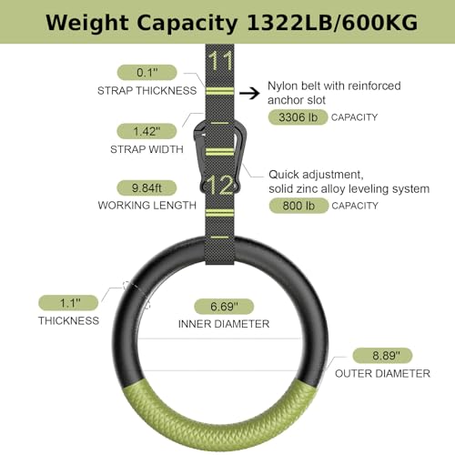 QUOLIX Gymnastic Rings with Adjustable Straps, Non-Slip Pull Up Rings with Straps, 1300lbs Exercise Rings with Straps for Home, Gymnastics Rings for Home Gym, Workout, Exercise, Training, Calisthenic