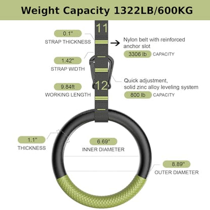QUOLIX Gymnastic Rings with Adjustable Straps, Non-Slip Pull Up Rings with Straps, 1300lbs Exercise Rings with Straps for Home, Gymnastics Rings for Home Gym, Workout, Exercise, Training, Calisthenic