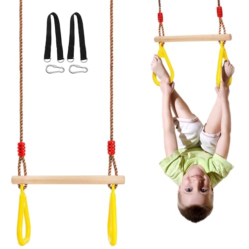 Trapeze Bar, 16" Adjustable Height Wooden Swing Set, Trapeze Climbing Bar Assembly with Rings, Gym Hanging Accessories Playground Attachments