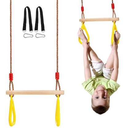 Trapeze Bar, 16" Adjustable Height Wooden Swing Set, Trapeze Climbing Bar Assembly with Rings, Gym Hanging Accessories Playground Attachments
