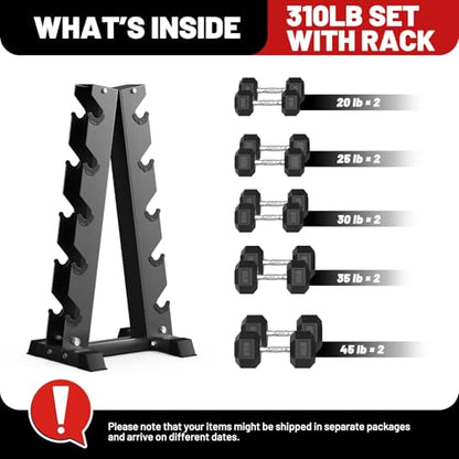 PAPABABE Hex Dumbbell Sets with Rack, 100-600lb Rubber Coated Dumbbell Weight Set and Storage Rack, Multiple Options Hand Weights for Strength Training - style: 310lb Set (Pair of 20, 25, 30, 35, 45lb)