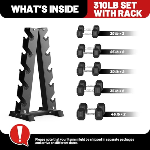 PAPABABE Hex Dumbbell Sets with Rack, 100-600lb Rubber Coated Dumbbell Weight Set and Storage Rack, Multiple Options Hand Weights for Strength Training