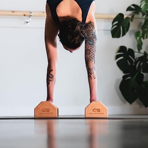 Calisthenics Wood Parallettes Bars | Push Up Bar That Will Not Slip or Wobble | Wrist Wraps Included