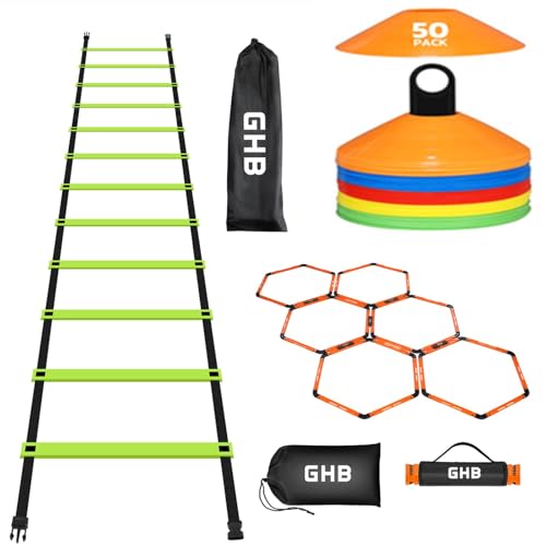 GHB Agility Ladder 1PCS Agility Cones 50PCS Hex Agility Rings 1 Pack