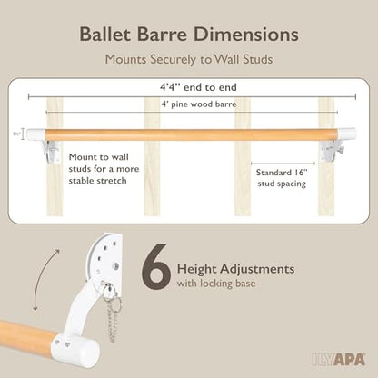 Ilyapa Ballet Barre Bare for Home - Wood Adjustable Wall Mount Ballet Bar Dance Equipment for Barre Workout & Ballet Stretching, Powdercoated White Brackets - size: 4 Ft 4 in.