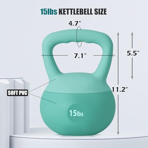 SogesPower Soft Kettlebells, Iron Sand Filled Strength Training Weights, Shock-Proof with Wide-Grip Handle, Fitness Kettlebells for Home Gym - color: 15LBS-Mint Green