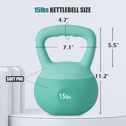 SogesPower Soft Kettlebells, Iron Sand Filled Strength Training Weights, Shock-Proof with Wide-Grip Handle, Fitness Kettlebells for Home Gym - color: 15LBS-Mint Green