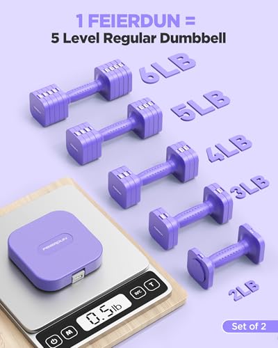 FEIERDUN DB3 5-in-1 Adjustable Dumbbell Set, 6LB/10LB Pair Adjustable Weights for Women at Home, Dual Locking Stable Hand Weights with TPU Soft Handle, Home Gym, Rehab, Pilates, Yoga, Strength Training - color: D-Vivid Purple, style: 6LBS Pair (12LBS Tota