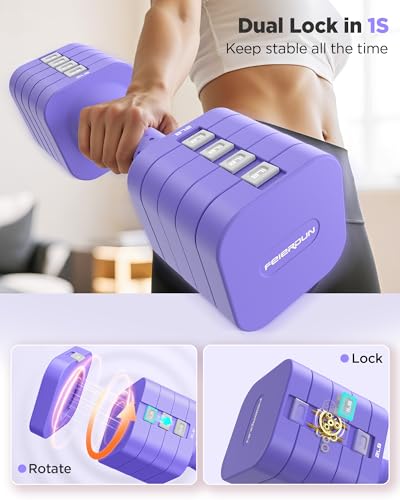 FEIERDUN DB3 5-in-1 Adjustable Dumbbell Set, 6LB/10LB Pair Adjustable Weights for Women at Home, Dual Locking Stable Hand Weights with TPU Soft Handle, Home Gym, Rehab, Pilates, Yoga, Strength Training - color: D-Vivid Purple, style: 10LBS Pair (20LBS Tot