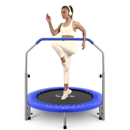 SereneLife 40" Fitness Trampoline for Adults, Indoor/Outdoor Mini Rebounder Trampoline with Adjustable Handrail, Elastic Jump Mat, Sturdy Frame, Lightweight Design for Exercise, 40" x 40" x 46" Inch