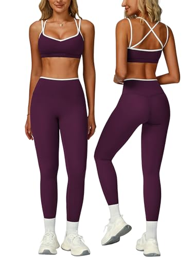 Women 2 Piece Workout Sets Cross Back ColorBlock Sports Bra High Waist Tummy Control Active Leggings Yoga Outfit - color: Purple, size: Medium