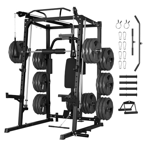 Garvee 2000LBS Smith Machine Home Gym, Multi-Function Power Cage Squat Rack with Cable Crossover & LAT Pulldown, Strength Training Equipment with 8 Weight Storage Pins and More (Plates Not Included)