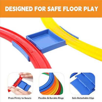 Hopscotch Rings, 1-Set – 10 Round Hoops (11-inch) + 15 Connectors, Agility Rings for Kids, Builds Gross Motor Skills, Preschool & Kindergarten PE, Indoor/Outdoor Playground Obstacle Course