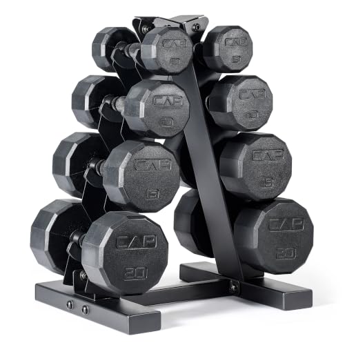 CAP Rubber Coated Hex Dumbbell Set with Storage Rack | 100–210 lb Options, Space-Saving Vertical Compact Storage for Home Gym Strength Training - size: 100 lb - Set, style: 12-Sided Black Handle