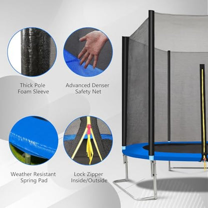 1500LBS 10FT 12FT 14FT 16FT Trampoline for Kids Adults with Basketball Hoop, Enclosure Net, Sprinkler, Lights, Disco Ball with Music Speaker, Heavy Duty Trampoline Outdoor Trampolines - color: Blue - 8FT