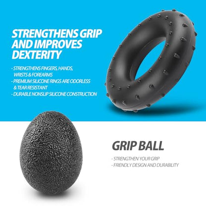 NIYIKOW Grip Strength Trainer Kit With Counter (5 Pack) - Adjustable Hand Strengthener, Counting Strength, Finger Trainer, Exerciser, Ring & Stress Relief Ball With Carry Bag