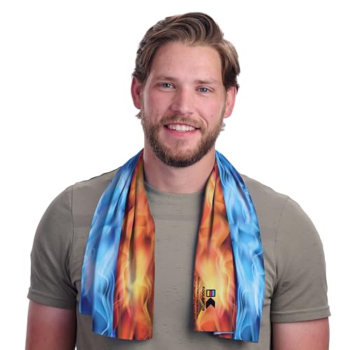 Dual Purpose Cooling Towel – UPF 30 Sun Protection, Chemical-Free Evaporative Cooling for Hot Weather, Sports, Workouts & Outdoor Activities - color: Flames Blue and Red