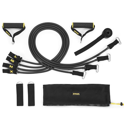 ZIVA Performance Power Resistance Band Set - Multiple TPR Exercise Bands (10, 15, 20, 33 lb) for Resistance Training with Ankle Straps, Door Anchor System - Portable Home Gym Accessories