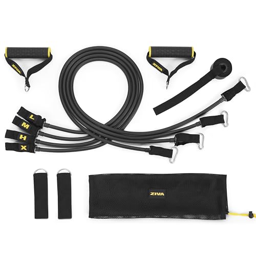 ZIVA Performance Power Resistance Band Set - Multiple TPR Exercise Bands (10, 15, 20, 33 lb) for Resistance Training with Ankle Straps, Door Anchor System - Portable Home Gym Accessories