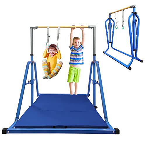 Gymnastics Bar for Kids with Rings Set, 7 Heights Adjustable Easy Folding Gymnastic Training Bar Kids Monkey Horizontal Bars - Max Load 300LBS