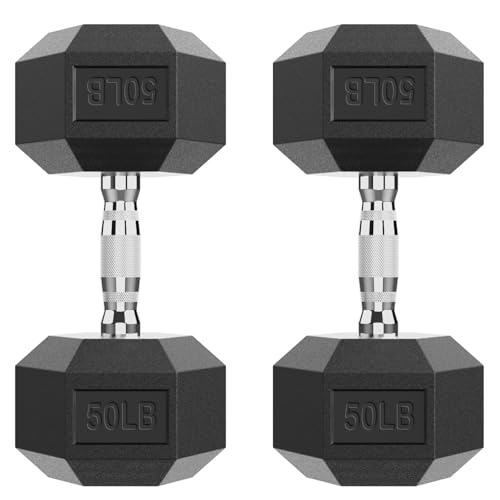 HANDBODE Hex Dumbbell Set, 2.5-65 lb Rubber Encased Exercise & Fitness Dumbbells, Weights Dumbbells Set of 2, Hand Weight for Strength Training - size: 50 lb, Pair, style: Chrome Handle