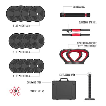 SmartBell Gym, 60 lbs. 4-in-1 Adjustable Interchangeable Dumbbell, Barbell, and Kettlebell Weight Set, Black