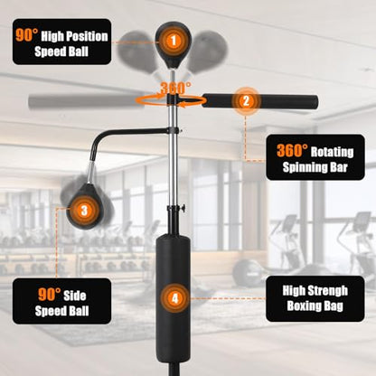 3-in-1 Freestanding Boxing Speed Trainer Set – Adjustable Height Punching Bag, Dual Speed Balls, 360° Bounce Spinning Bar, Gloves Included – Home Gym Equipment for Adults