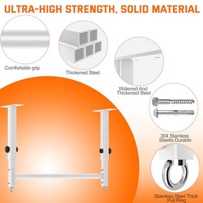48" Ceiling Mount Pull Up Bar, Heavy Duty Multi-Grip Rafter Chin Up Bar for Garage/Basement/Backyard Ceiling Beam, Adjustable Height&Supports to 650 Lbs (White)