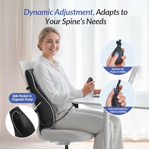 Adjustable Airbag Lumbar Support Pillow Provides Comfortable Support Back Pain Relief and Improves Posture, Ergonomic Memory Foam Back Support Pillow for Office Chair, Car, Home