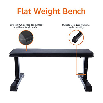 Amazon Basics Sturdy Flat Weight Bench for Home Gym, Strength Training, Stable Assembly, Black