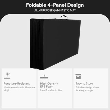 BalanceFrom 10x4 Feet 4-Panel Folding Gymnastics Mat – 2-Inch Thick Pad with Vinyl Surface and Carrying Handles for Tumbling, Yoga, Pilates, Home Workouts, and Martial Arts - color: Black
