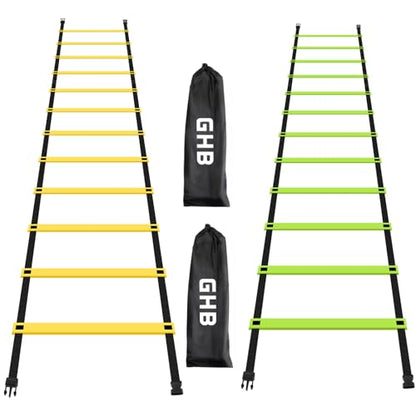 GHB Pro Agility Ladder 2 Pack Agility Training Ladder Speed 12 Rung 20ft with Carrying Bag (Yellow and Green)