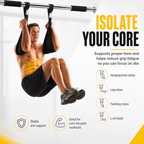 Ab Straps for Pull Up Bar, Padded Arm Slings for Core Training | Heavy-Duty Construction, Oversized Carabiners, Padded Arm Support, Leg Raises Knee Raises, Home Gym Training
