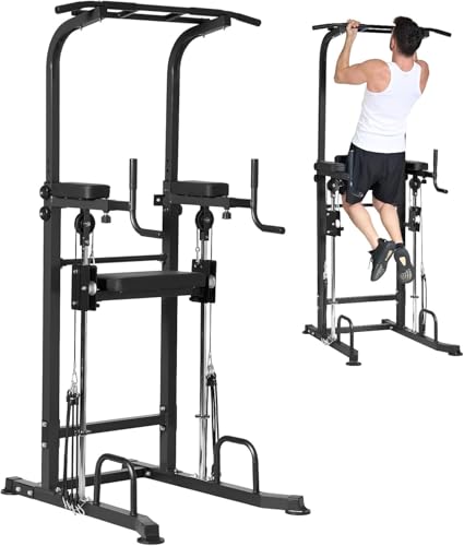 Dland Power Tower Dip Station Pull Up Bar Exercise Tower, Multifunctional Adjustable Height Training Equipment for Home Gym, Free Standing Assisted Fitness Workout Pullup Rack Station Machine - color: Black