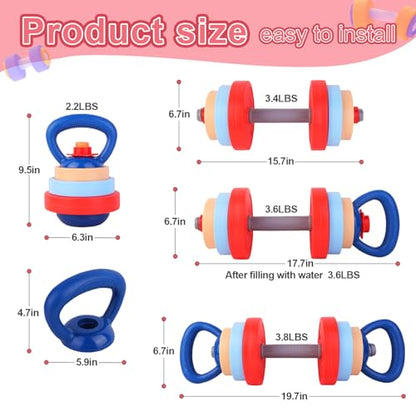 Kids Exercise Equipment With 2 Dumbbells and Kettlebell - Adjustable Workout Toy Equipment for Children Pretend Play Exercise - Toddler Beginner Gym & Fitness Family Games for Birthday Gifts