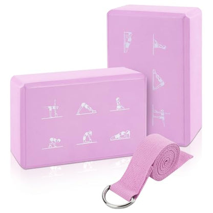 2 Yoga Block and 2 Yoga Strap Set,Non-slip EVA Foam Blocks, High Density Yoga Bricks with 6ft Strap, Supportive Latex-Free Yoga Block Accessories for Pilates