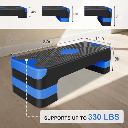27" Exercise Workout Aerobic Step Platform Trainer, Adjustable Fitness 4-6-8in Exercise Stepper Workout with 4 Risers, Aerobics Stepper Workout Stepper for Home Gym Cardio Strength & Training